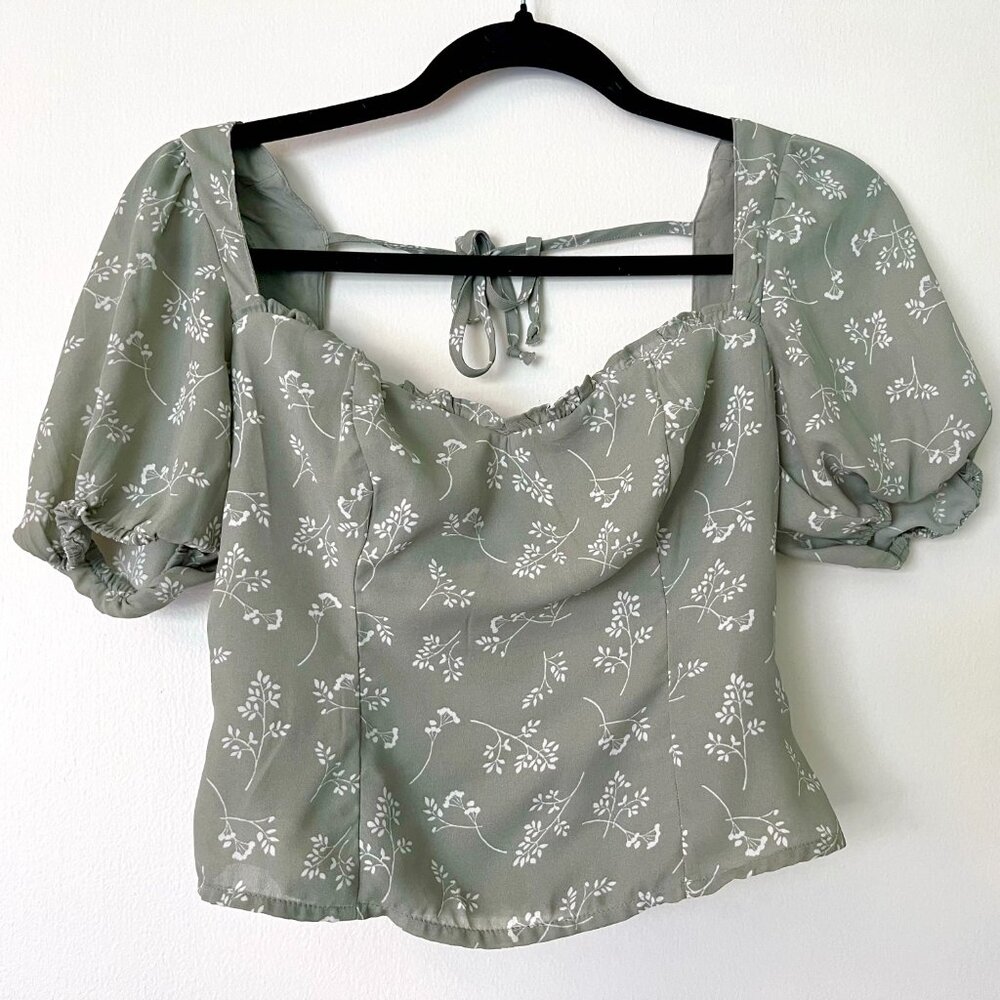 Abercrombie & Fitch Sage Green Floral Puff Sleeve Cottagecore Square Neck Top XS